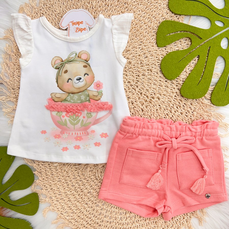 Conj. Blusa Ursinha Fofinha na Xícara e Short - Off White e Rosa